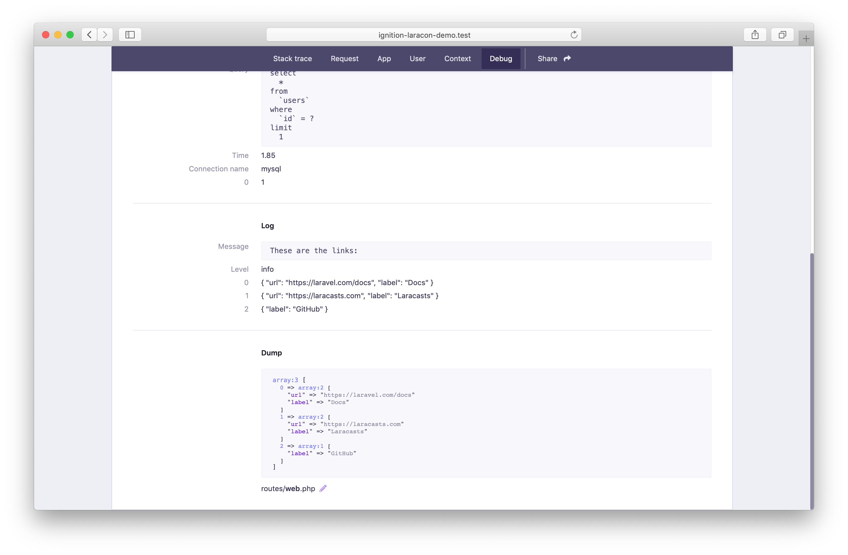Debug tab