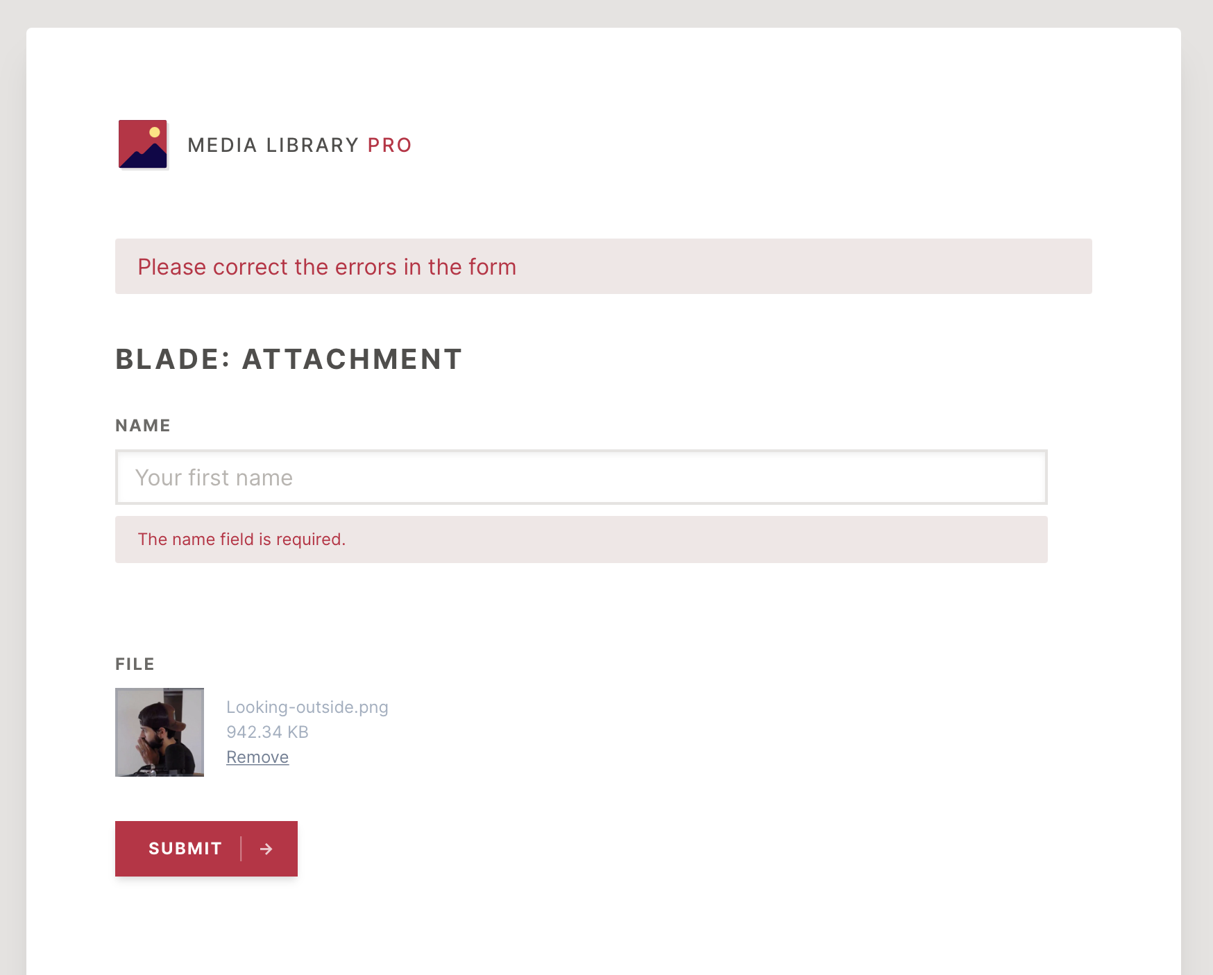Screenshot of the attachment component with validation error