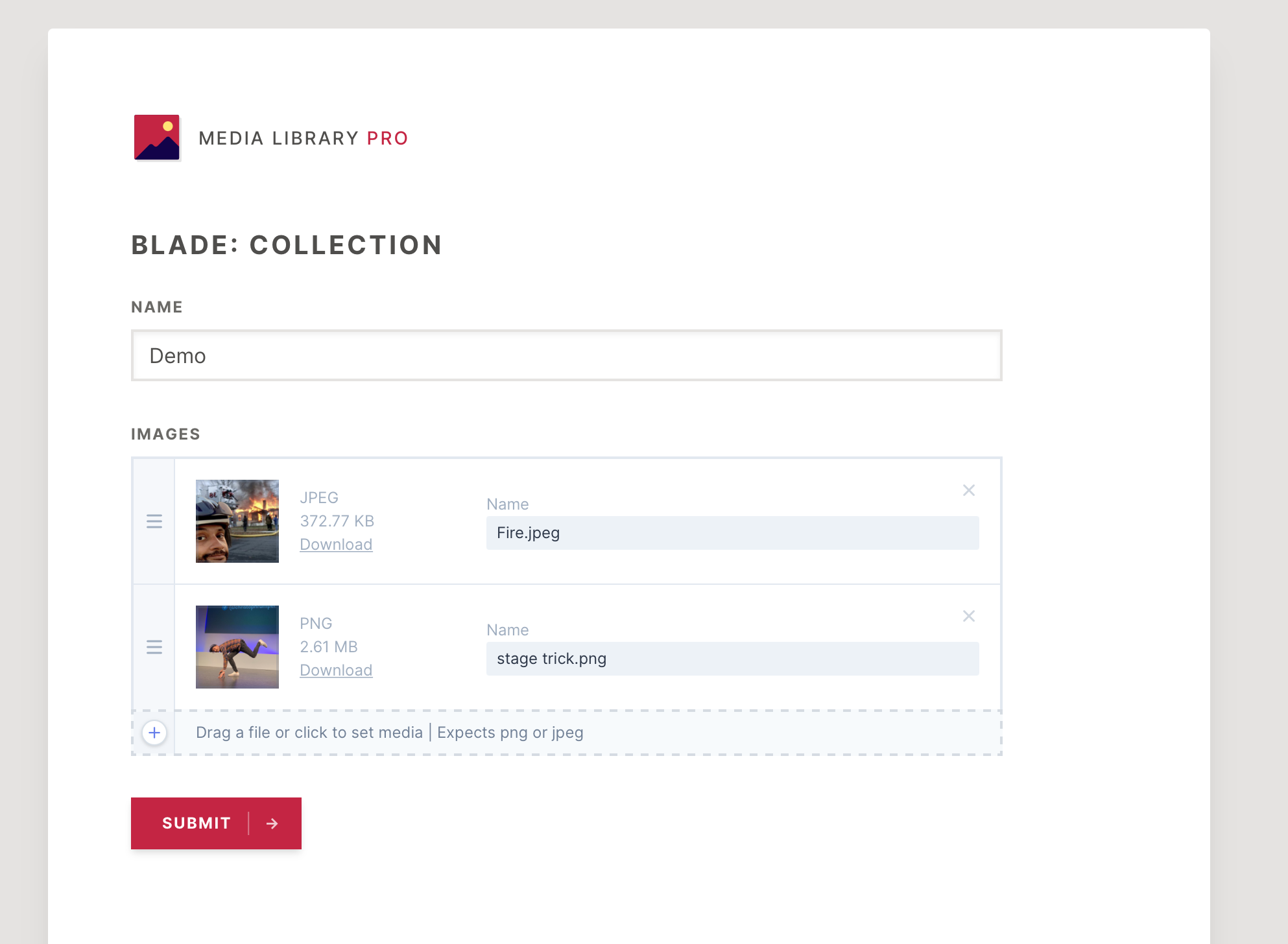 Screenshot of the attachment component with validation error