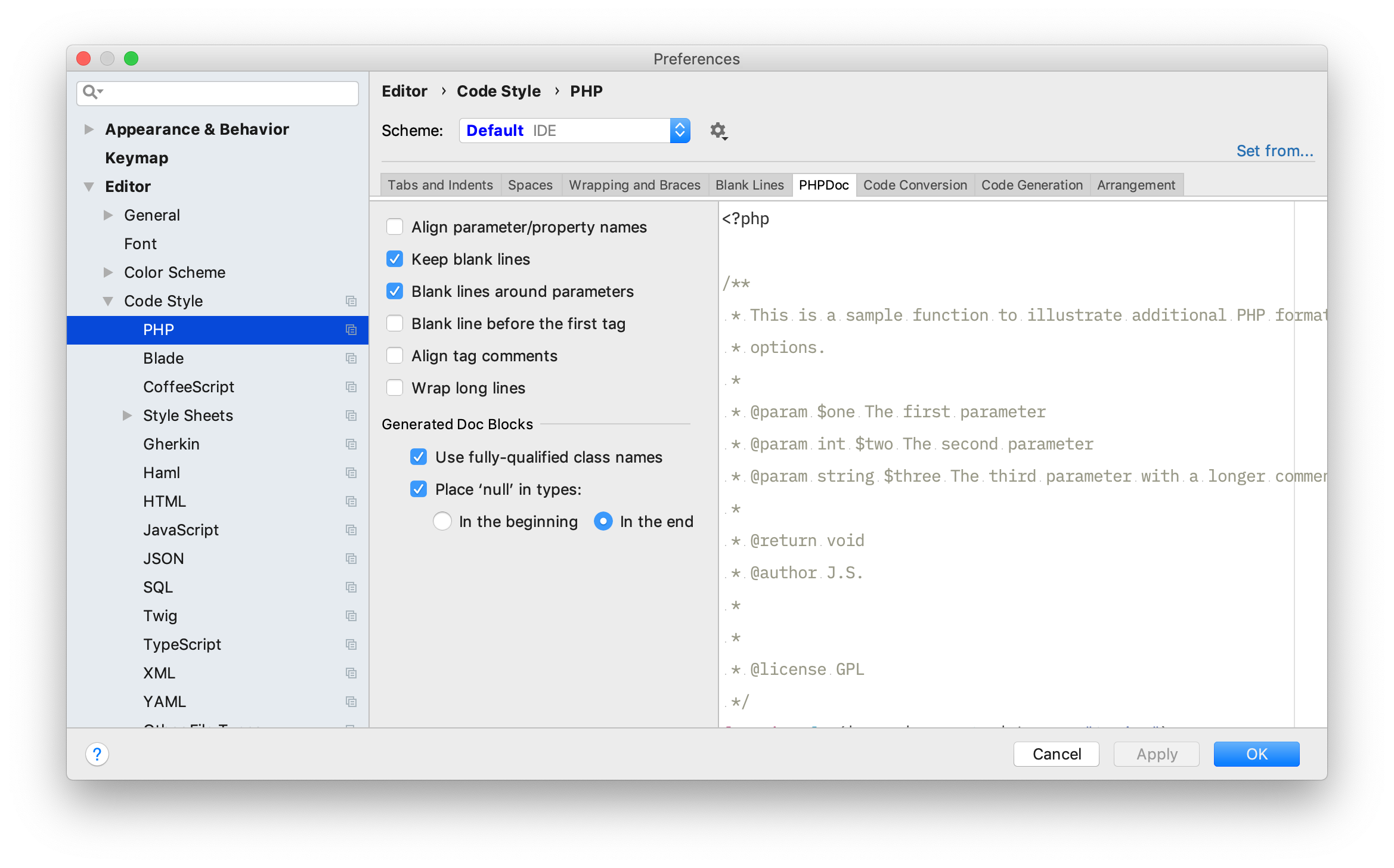 PHP Doc settings