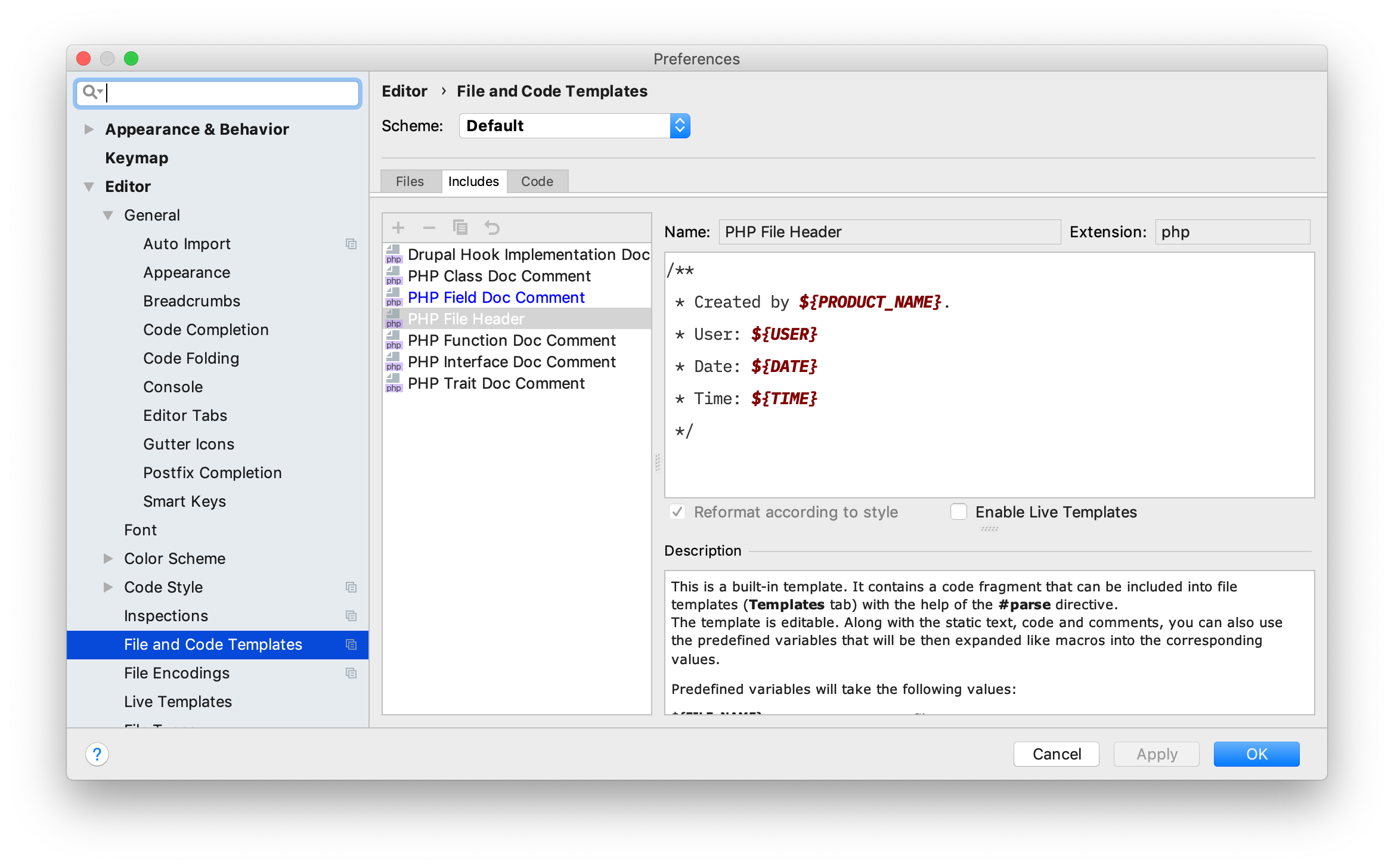 PHP File Header settings