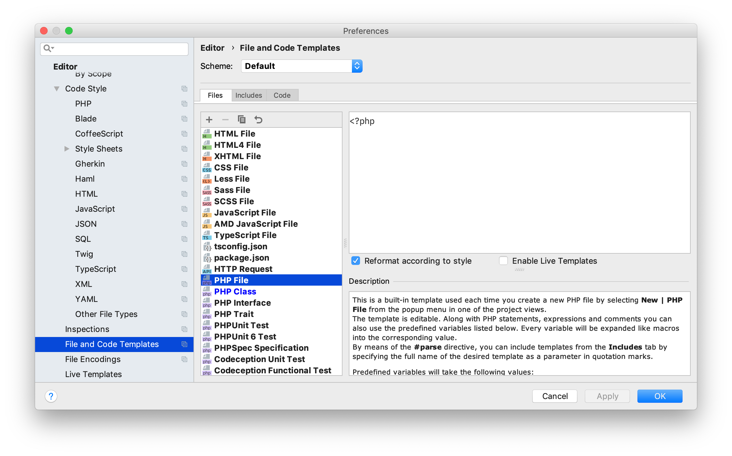 File and code template settings