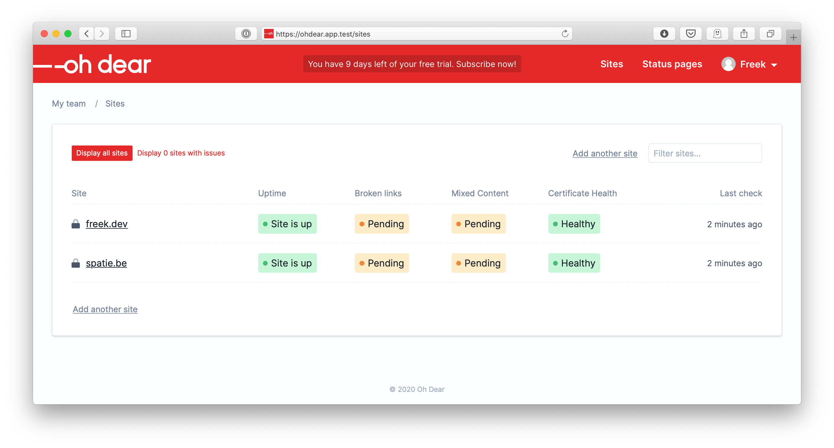 screenshot of site list